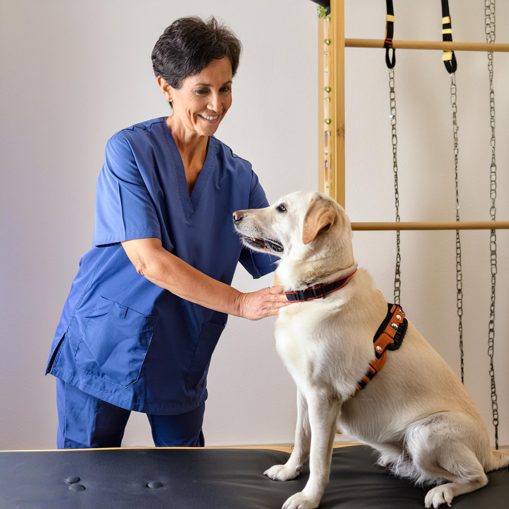 A dog undergoing posture assessment by a physiotherapist