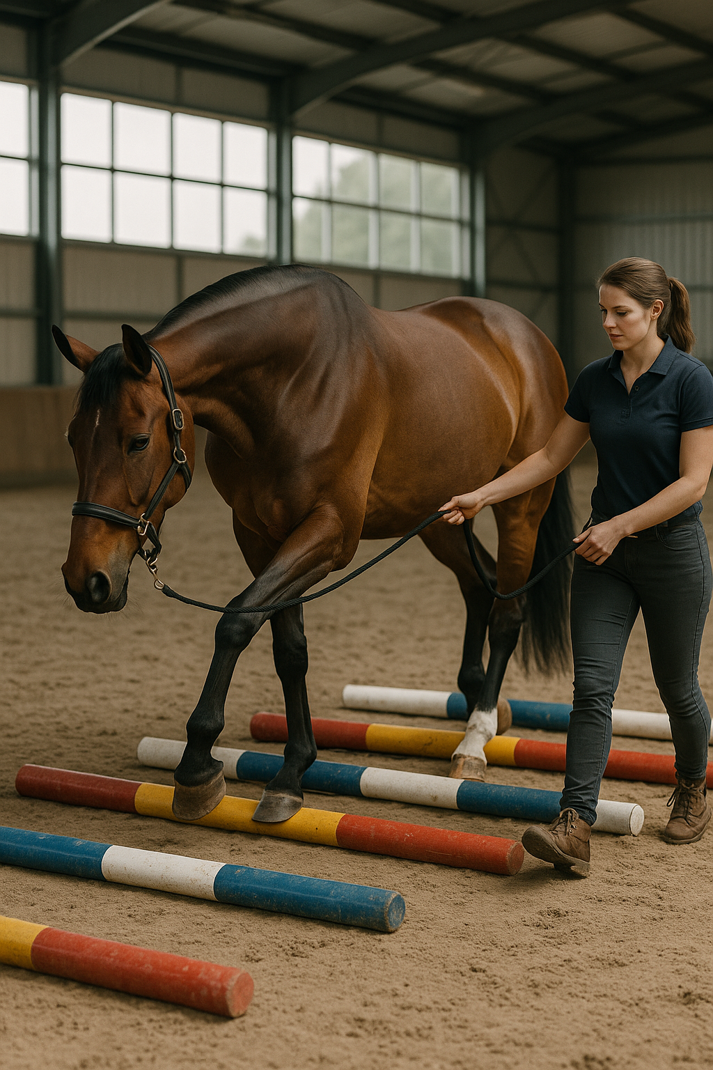 A brown horse during physiotherapy rehabilitation, guided by a veterinary physiotherapist
