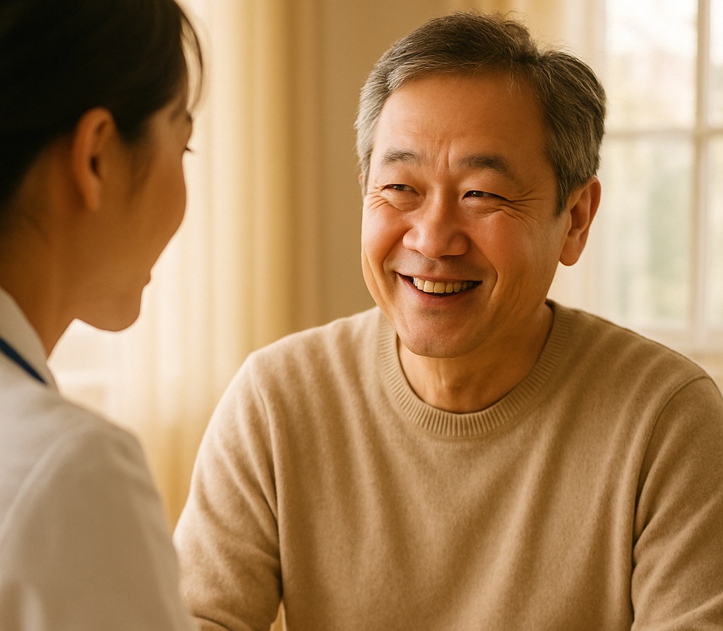 Patient and clinician talking comfortably, illustrating DeepMo’s user-friendly design.