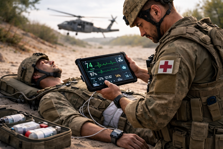 Combat medic using DeepMo tablet to monitor soldier vital signs under NATO DIANA program